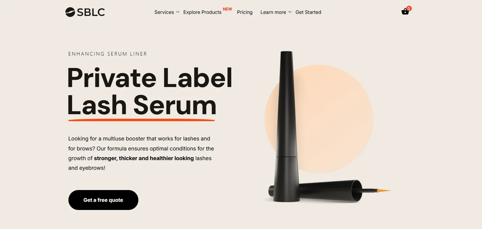 Promotional webpage for private label lash serum with product image and description. Includes a 'Get a free quote' call-to-action.